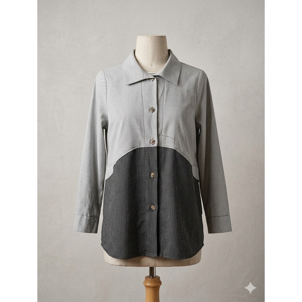Vitamin Grey Colorblock Micro Check Cotton Button Front Shirt XS Side Pockets